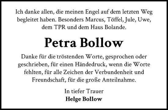 Traueranzeige von Petra Bollow von MARKT Bad Oldesloe/Reinfeld und Stormarner Tageblatt