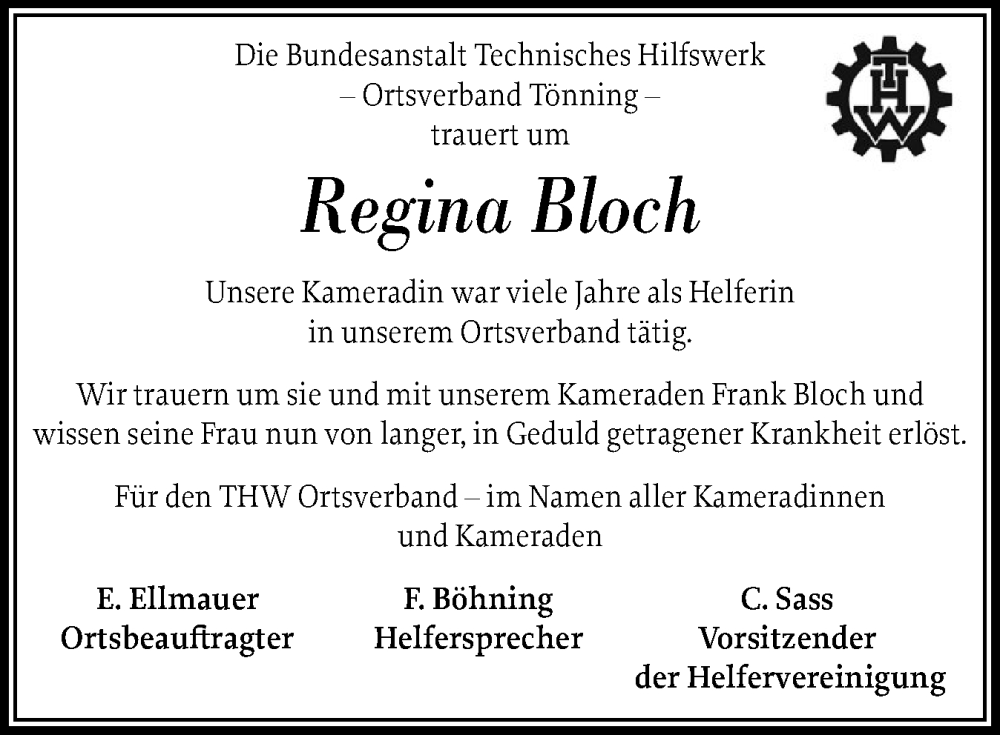  Traueranzeige für Regina Bloch vom 14.01.2025 aus Husumer Nachrichten, Nordfriesland Tageblatt