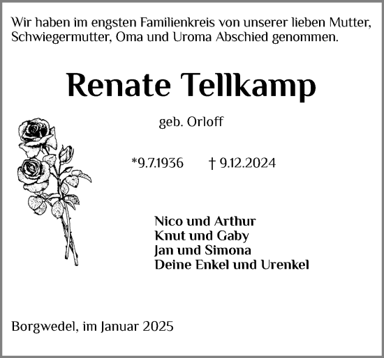 Traueranzeige von Renate Tellkamp von Schleswiger Nachrichten, Schlei-Bote
