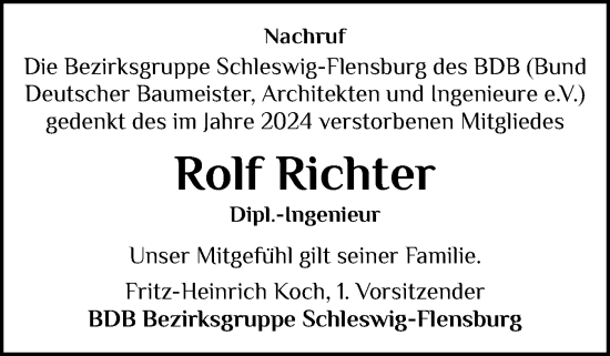 Traueranzeige von Rolf Richter von Schleswiger Nachrichten, Schlei-Bote