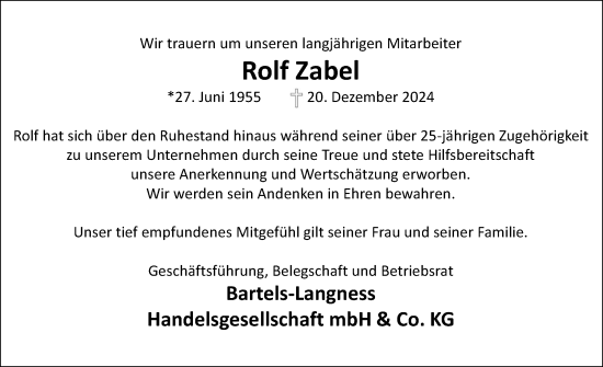 Traueranzeige von Rolf Zabel von Ostholsteiner Anzeiger