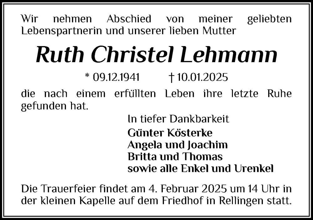  Traueranzeige für Ruth Christel Lehmann vom 25.01.2025 aus Schleswig-Holsteinische Landeszeitung