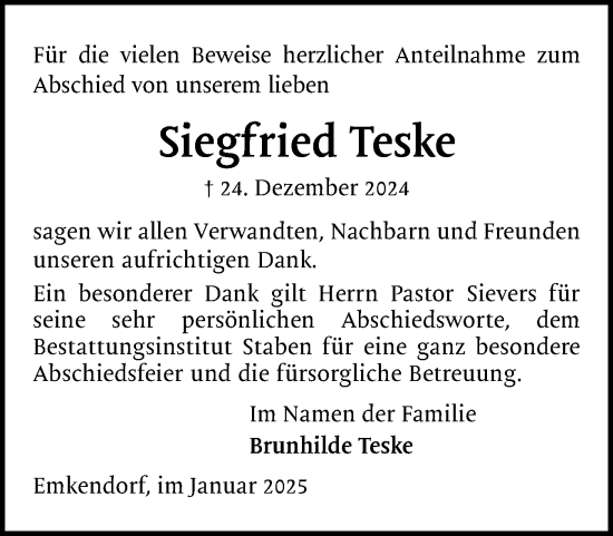 Traueranzeige von Siegfried Teske von Schleswig-Holsteinische Landeszeitung