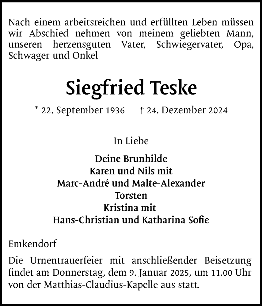  Traueranzeige für Siegfried Teske vom 04.01.2025 aus Schleswig-Holsteinische Landeszeitung