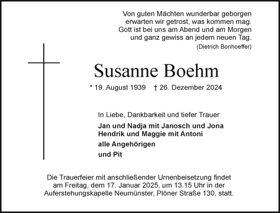 Traueranzeige von Susanne Boehm von Holsteinischer Courier