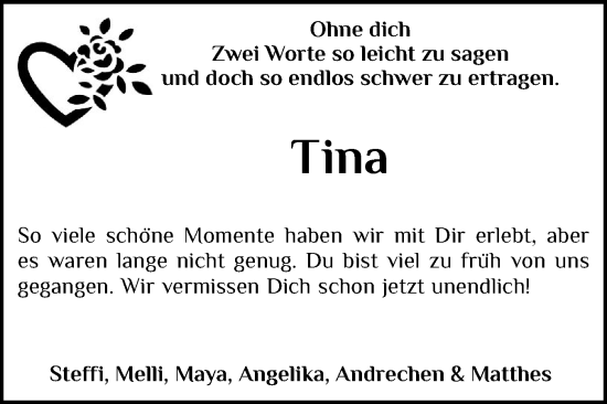 Traueranzeige von Tina  von Holsteinischer Courier