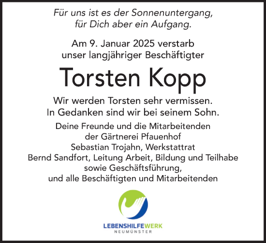 Traueranzeige von Torsten Kopp von Holsteinischer Courier