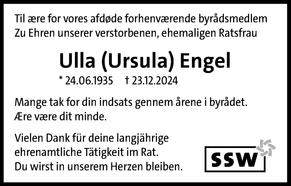  Traueranzeige für Ulla Ursula Engel vom 25.01.2025 aus Eckernförder Zeitung, Hallo Eckernförde