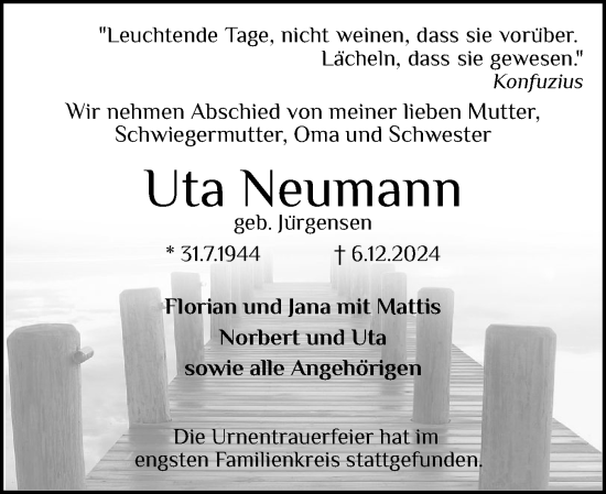 Traueranzeige von Uta Neumann von Schleswiger Nachrichten, Schlei-Bote