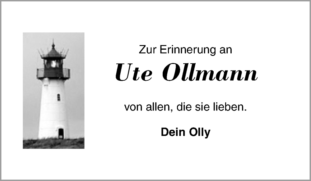  Traueranzeige für Ute Ollmann vom 14.01.2025 aus Holsteinischer Courier