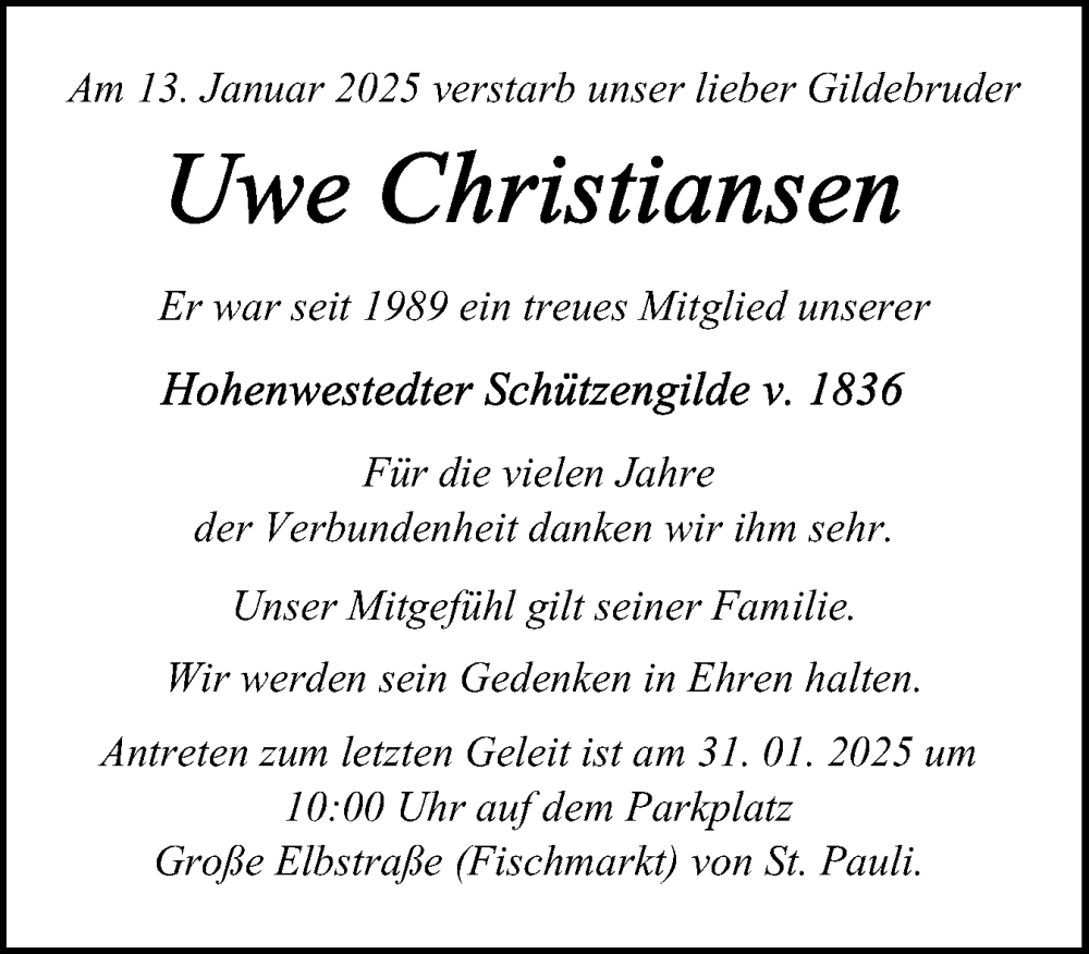  Traueranzeige für Uwe Christiansen vom 25.01.2025 aus Schleswig-Holsteinische Landeszeitung