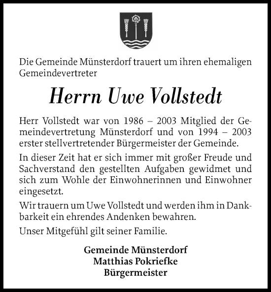 Traueranzeige von Uwe Vollstedt von Norddeutsche Rundschau, Wilstersche Zeitung, Glückstädter Fortuna