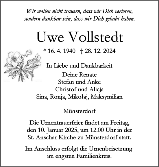 Traueranzeige von Uwe Vollstedt von Norddeutsche Rundschau, Wilstersche Zeitung, Glückstädter Fortuna