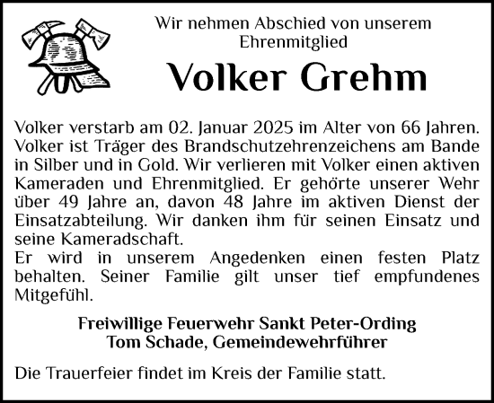 Traueranzeige von Volker Grehm von Husumer Nachrichten, Nordfriesland Tageblatt