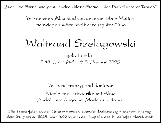 Traueranzeige von Waltraud Szelagowski von Elmshorner Nachrichten, Barmstedter Zeitung