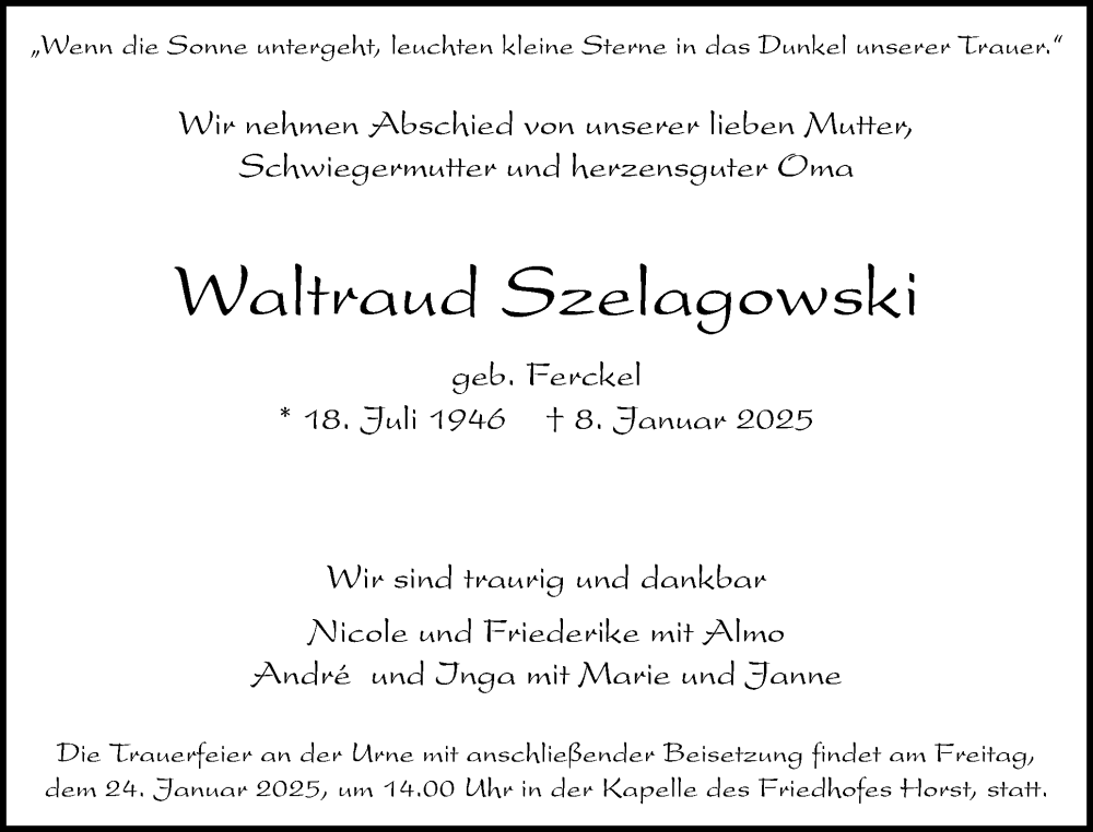  Traueranzeige für Waltraud Szelagowski vom 18.01.2025 aus Elmshorner Nachrichten, Barmstedter Zeitung