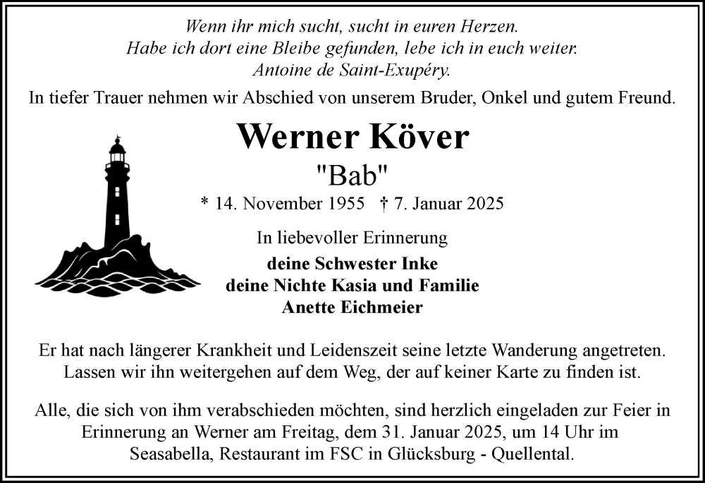  Traueranzeige für Werner Köver vom 18.01.2025 aus Flensburger Tageblatt