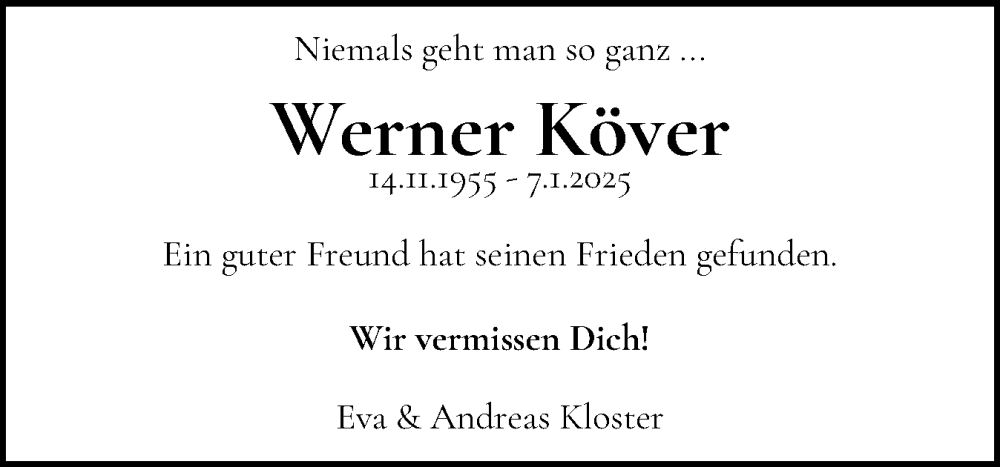  Traueranzeige für Werner Köver vom 18.01.2025 aus Flensburger Tageblatt