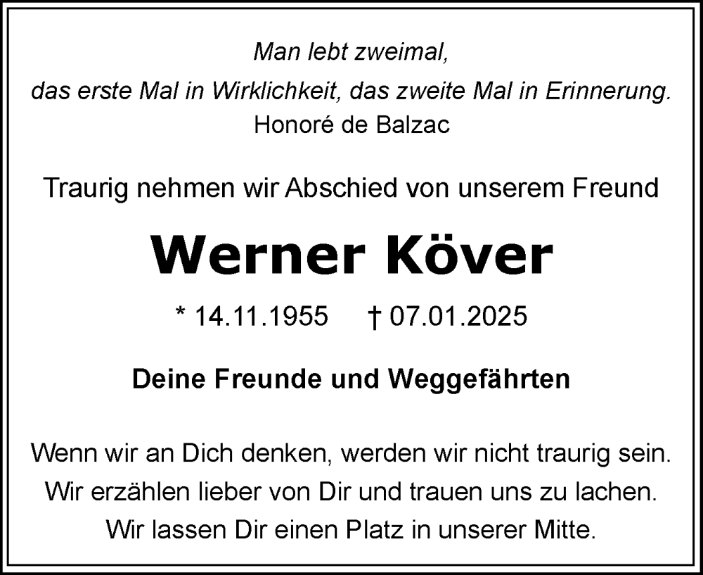  Traueranzeige für Werner Köver vom 18.01.2025 aus Flensburger Tageblatt
