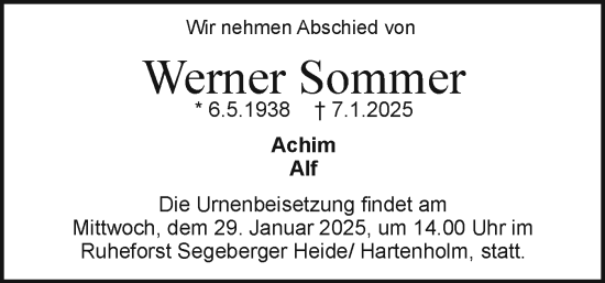 Traueranzeige von Werner Sommer von Holsteinischer Courier