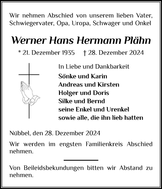 Traueranzeige von Werner Hans Hermann Plähn von Schleswig-Holsteinische Landeszeitung