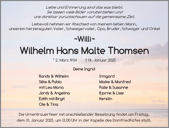 Traueranzeige von Wilhelm Hans Malte Thomsen von Schleswiger Nachrichten, Schlei-Bote