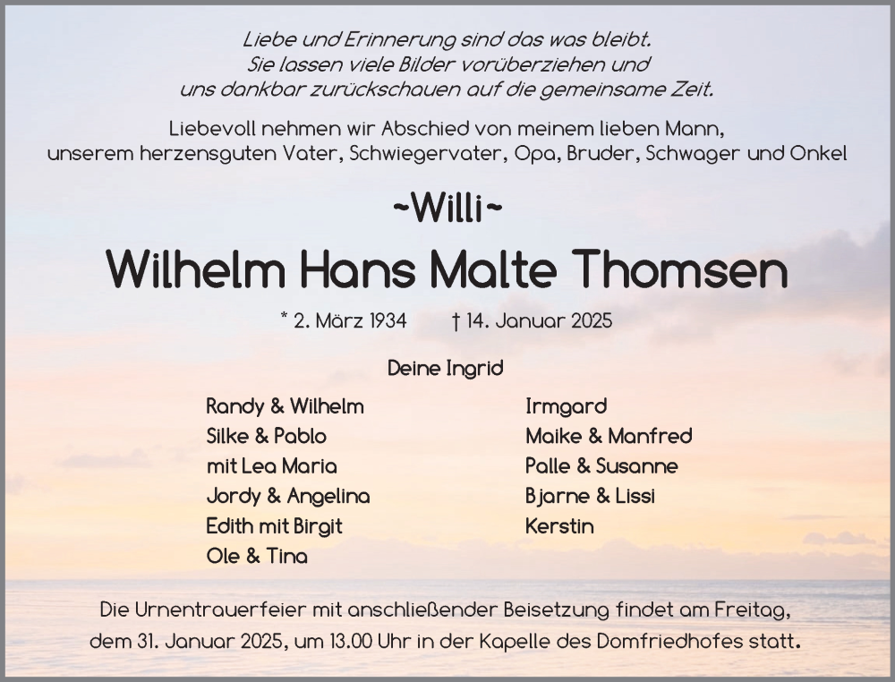  Traueranzeige für Wilhelm Hans Malte Thomsen vom 25.01.2025 aus Schleswiger Nachrichten, Schlei-Bote
