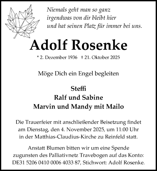 Traueranzeige von Adolf Rosenke von MARKT Bad Oldesloe/Reinfeld und Stormarner Tageblatt