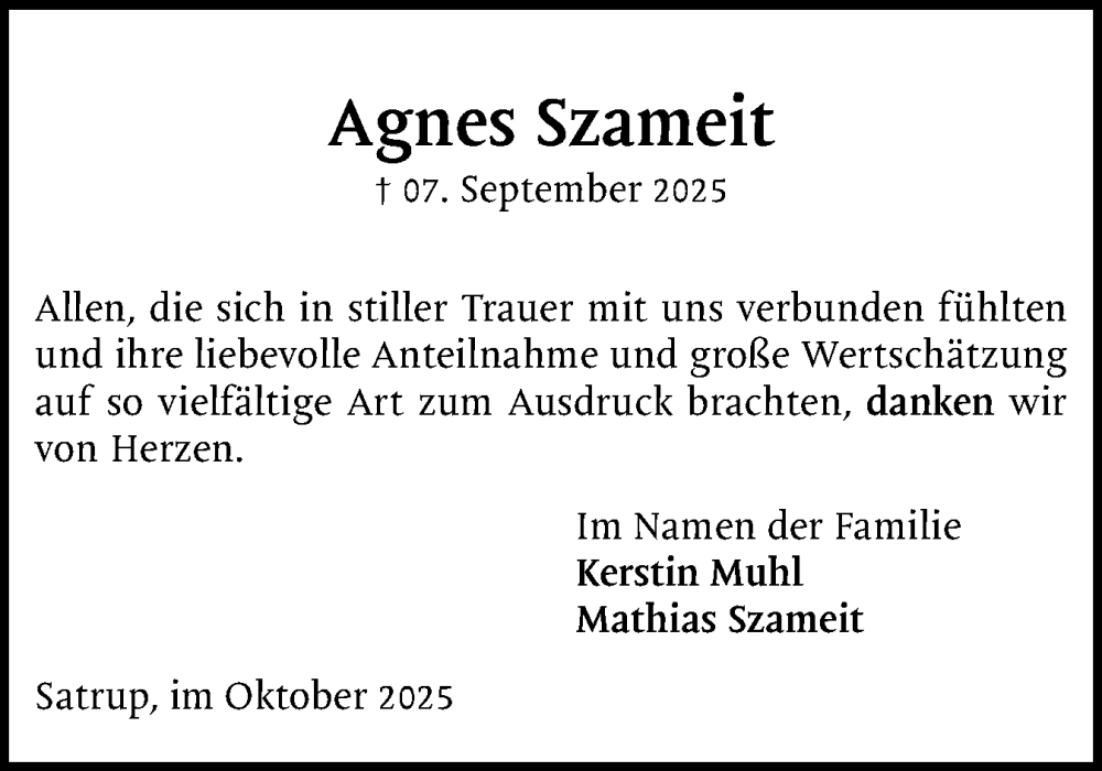  Traueranzeige für Agnes Szameit vom 04.10.2025 aus Flensburger Tageblatt