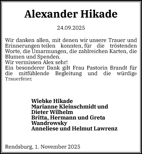 Traueranzeige von Alexander Hikade von Schleswig-Holsteinische Landeszeitung