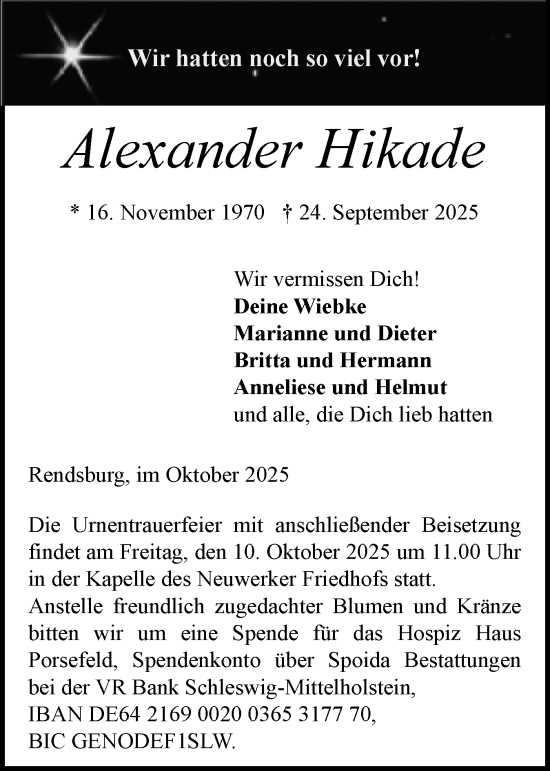 Traueranzeige von Alexander Hikade von Schleswig-Holsteinische Landeszeitung