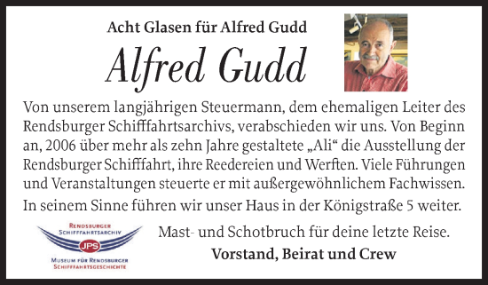 Traueranzeige von Alfred Gudd von Schleswig-Holsteinische Landeszeitung