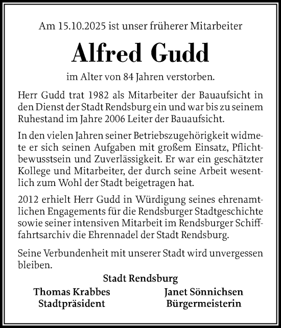 Traueranzeige von Alfred Gudd von Schleswig-Holsteinische Landeszeitung