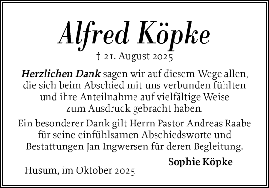 Traueranzeige von Alfred Köpke von Husumer Nachrichten, Nordfriesland Tageblatt