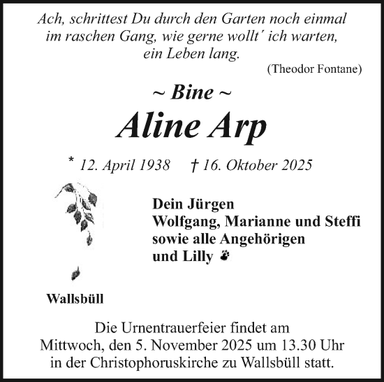 Traueranzeige von Aline Arp von Flensburger Tageblatt