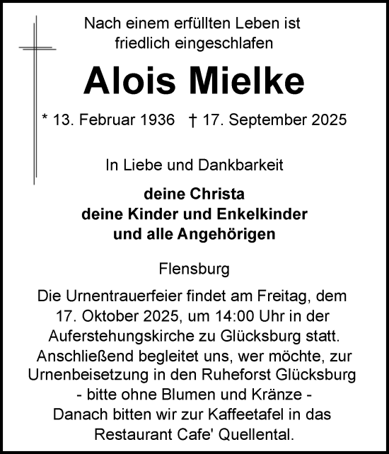 Traueranzeige von Alois Mielke von Flensburger Tageblatt