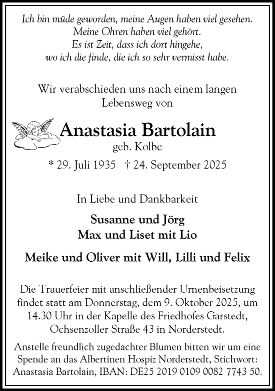 Traueranzeige von Anastasia Bartolain von Heimatspiegel