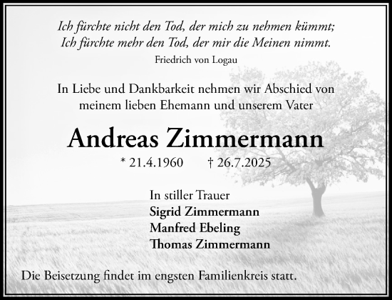 Traueranzeige von Andreas Zimmermann von MARKT Ratzeburg/Mölln