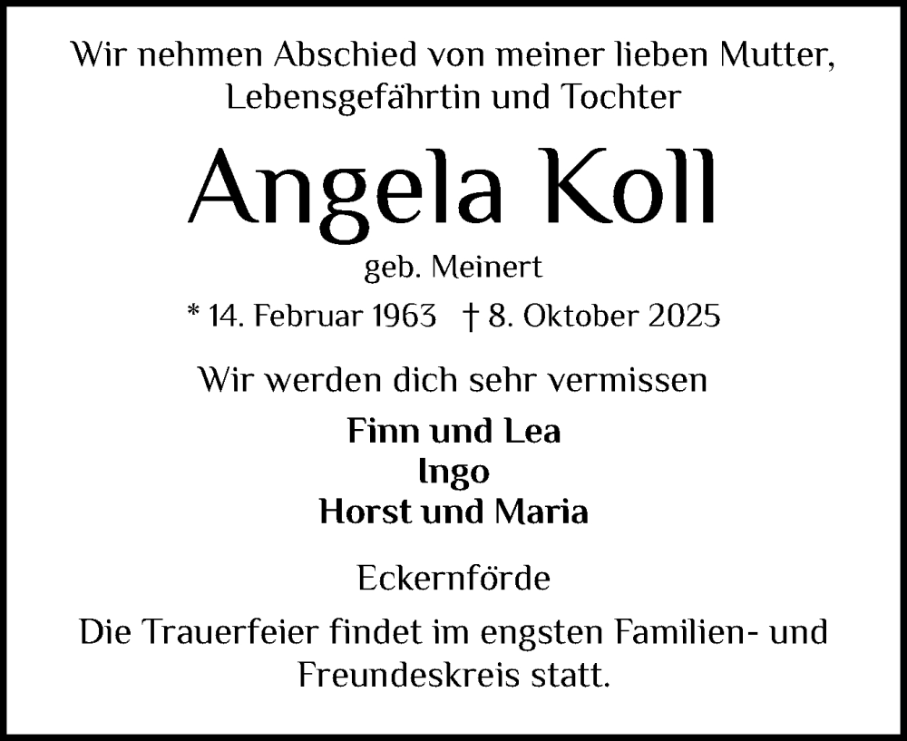  Traueranzeige für Angela Koll vom 18.10.2025 aus Eckernförder Zeitung, Hallo Eckernförde