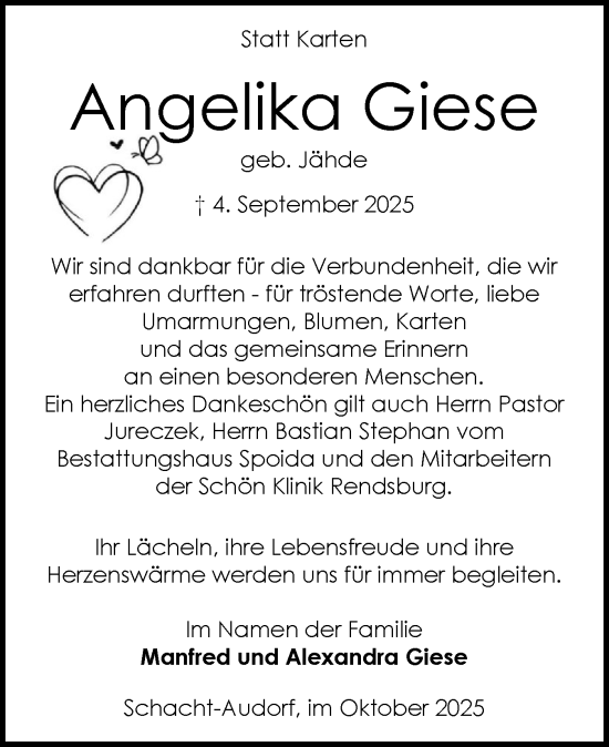 Traueranzeige von Angelika Giese von Schleswig-Holsteinische Landeszeitung