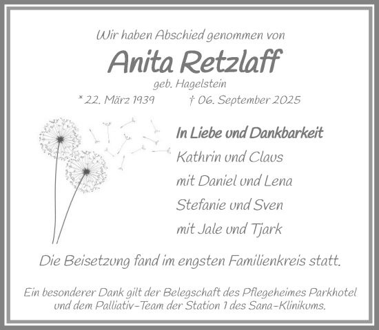 Traueranzeige von Anita Retzlaff von MARKT Ratzeburg/Mölln