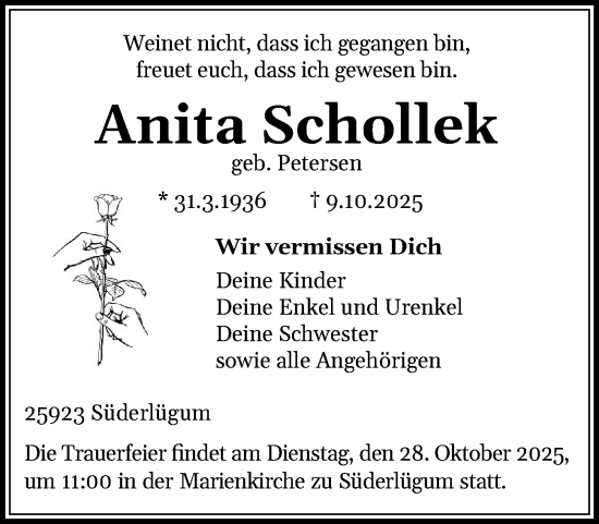 Traueranzeige von Anita Schollek von Husumer Nachrichten, Nordfriesland Tageblatt