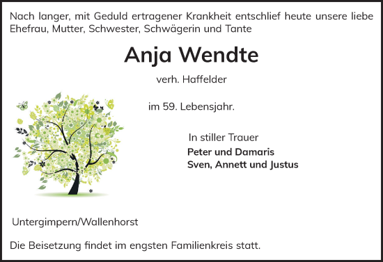 Traueranzeige von Anja Wendte von Uetersener Nachrichten, Der tip am Wochenende