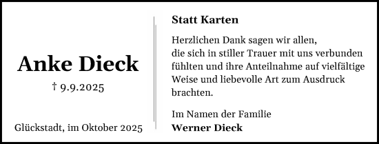 Traueranzeige von Anke Dieck von Region Steinburg-Elmshorn