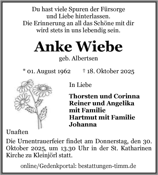 Traueranzeige von Anke Wiebe von Flensburger Tageblatt