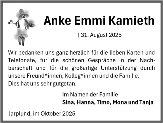 Traueranzeige von Anke Emmi Kamieth von Flensburger Tageblatt