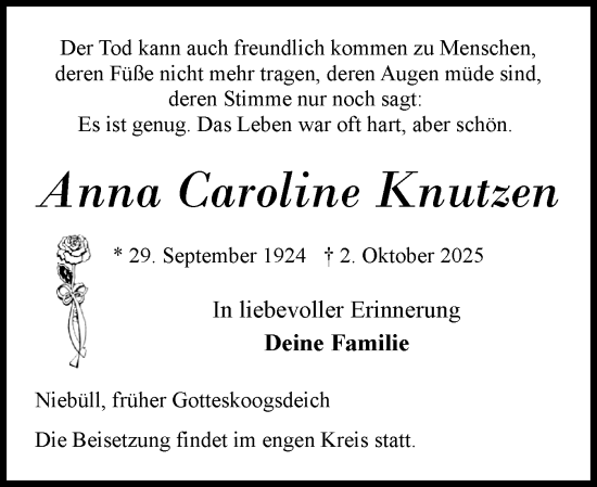 Traueranzeige von Anna Caroline Knutzen von Husumer Nachrichten, Nordfriesland Tageblatt