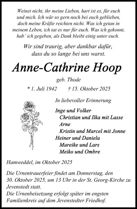 Traueranzeige von Anne-Cathrine Hoop von Schleswig-Holsteinische Landeszeitung
