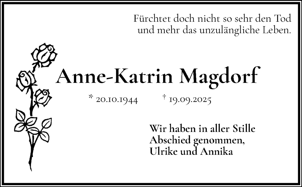  Traueranzeige für Anne-Katrin Magdorf vom 18.10.2025 aus Norddeutsche Rundschau, Wilstersche Zeitung, Glückstädter Fortuna