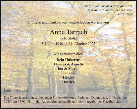 Traueranzeige von Anne Tarrach von Wochenend Anzeiger